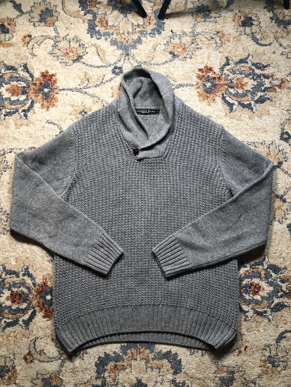Daniele Blasi Mens Sweater Large Gray Luxury Italy Wool Shawl Collar Waffle Knit